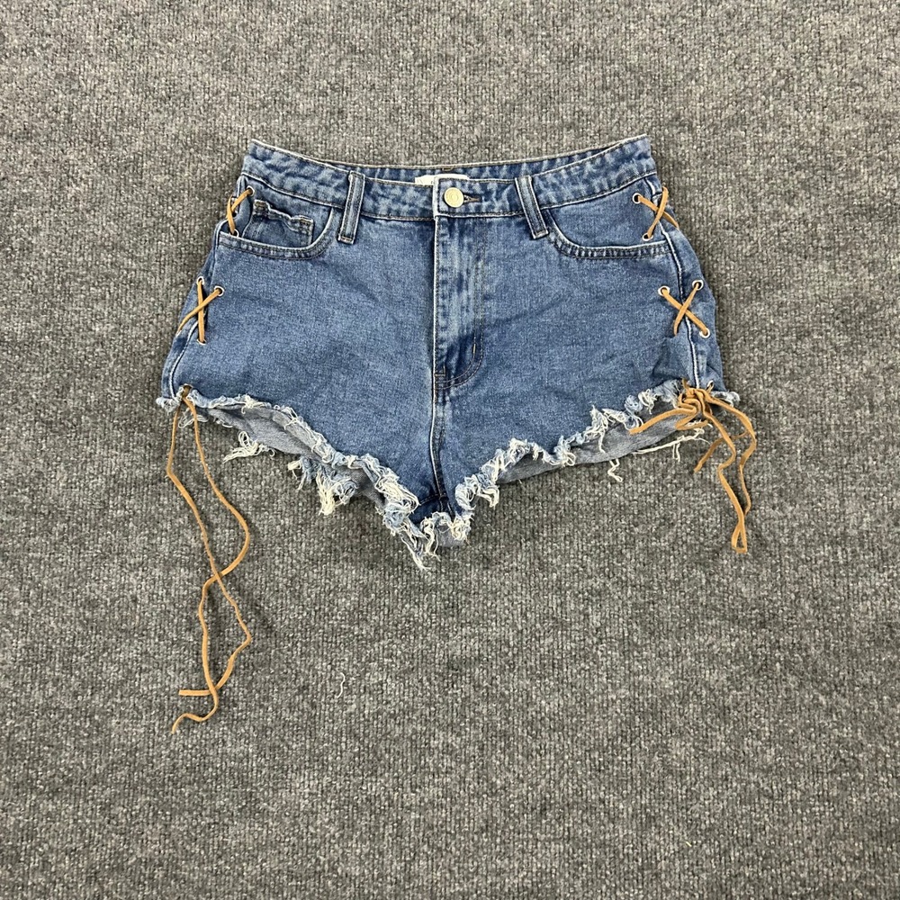Forever 21 Shorts Womens Size 25 Blue Lace Up Denim Frayed Hem Viscose Rayon